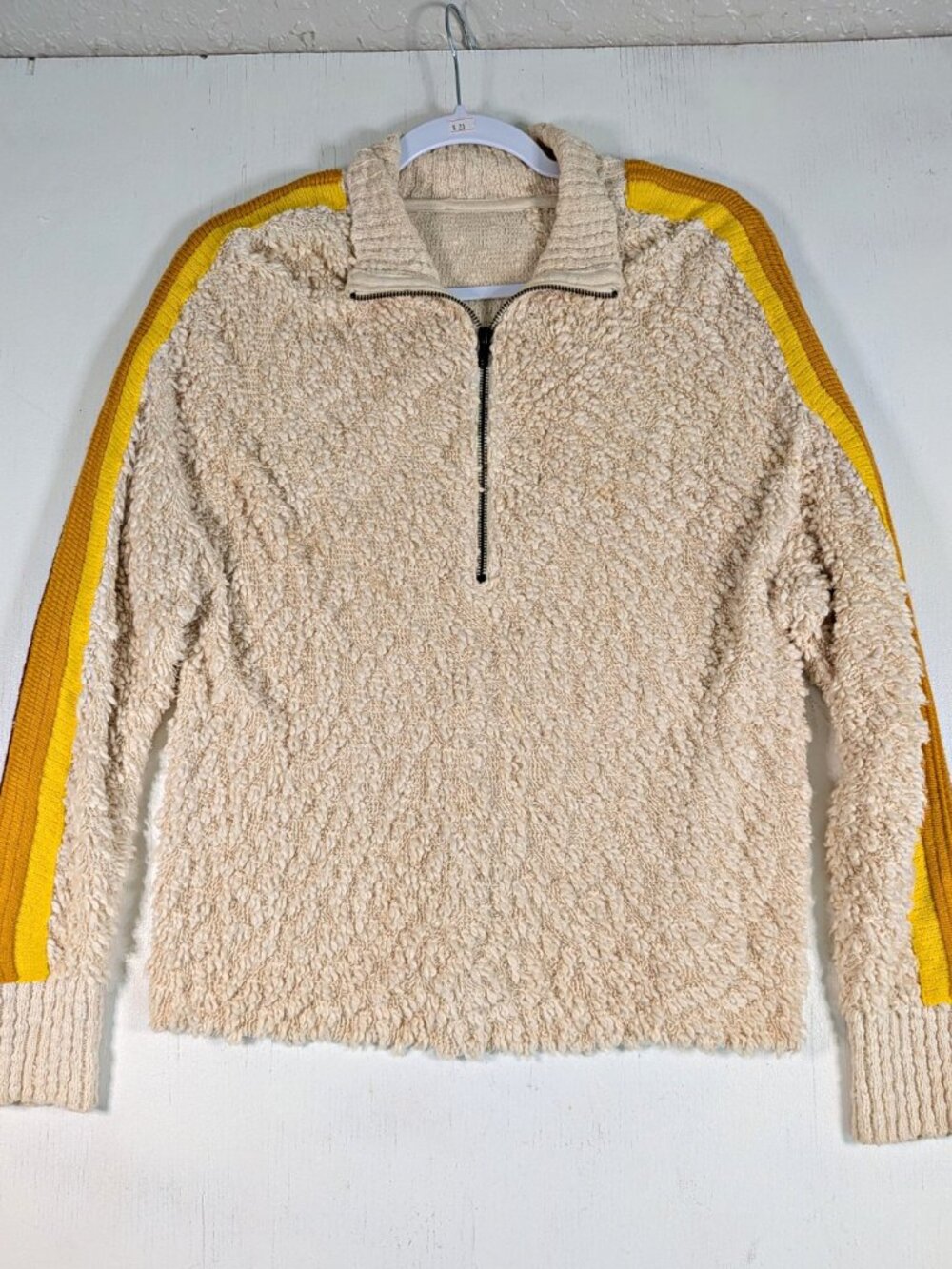 Womens Cream Sherpa Knit 1/4 Zip Mock Neck Pullover Sweater Yellow Stripe Sz M